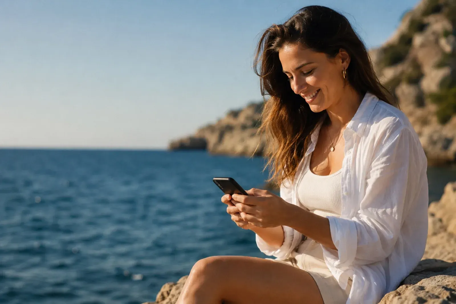 Voyageuse souriante consultant son téléphone au bord de la mer